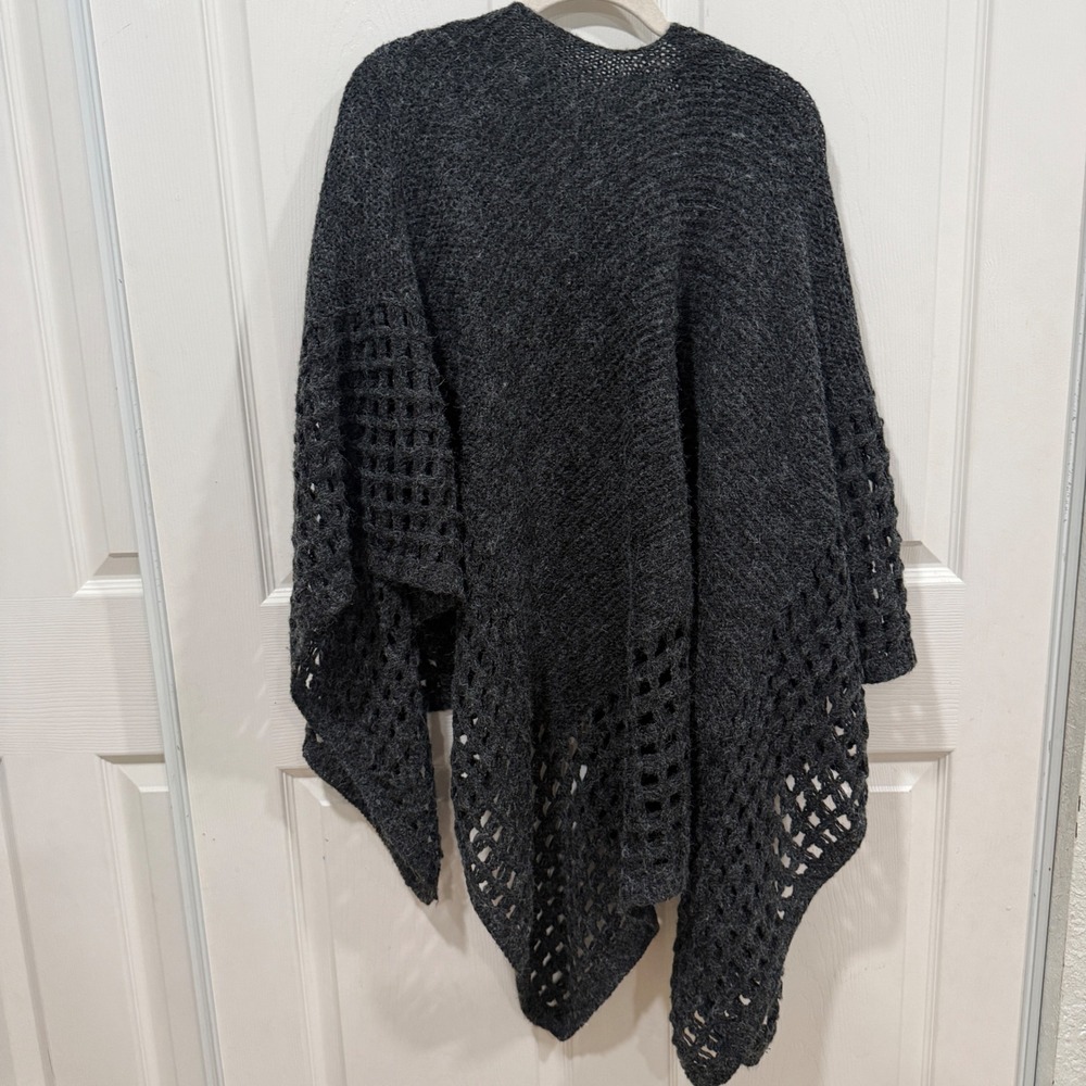 Do Everything In Love Charcoal Grey Knit Crochet Lattice Open Front Poncho Wrap View 5